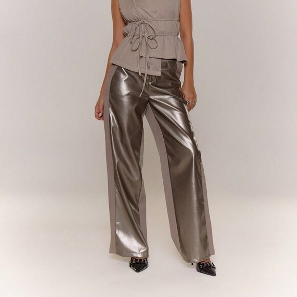 Pants - Grey Casual Women's Faux Leather Panel Trousers